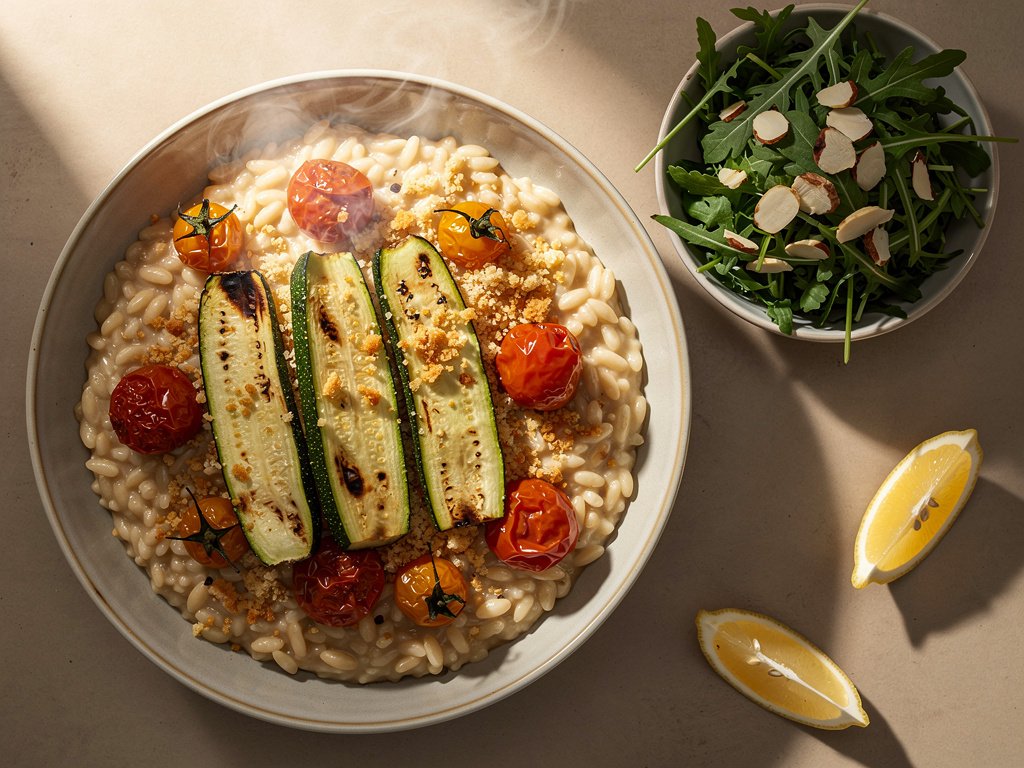 Creamy Orzo Risotto with Roasted Zucchini, Tomatoes, and Lemony Arugula Salad