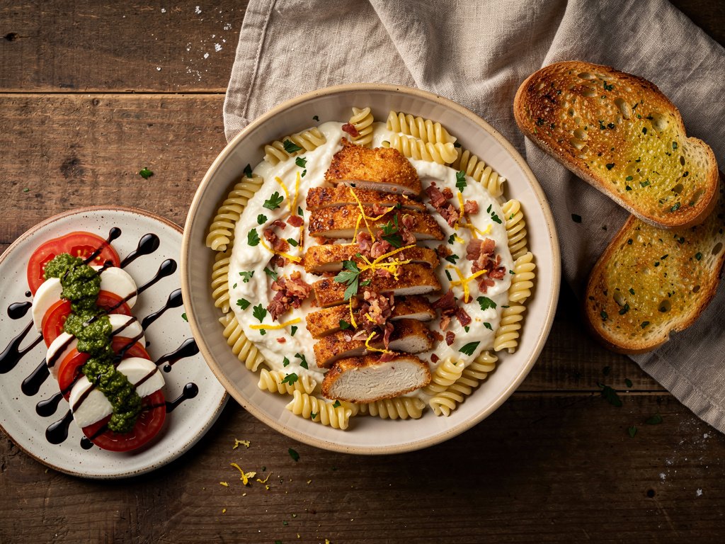 Creamy Pea and Prosciutto Chicken Pasta with Caprese Salad and Garlic Bread