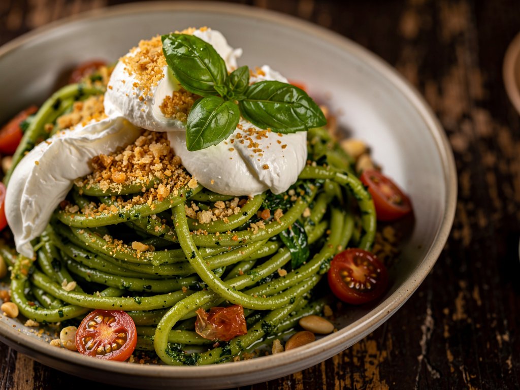 Creamy Pesto Pasta with Burrata and Crispy Panko