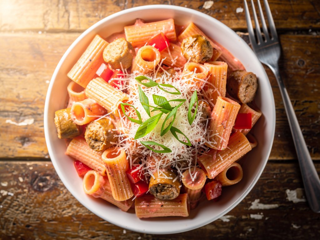 Creamy Pink Sauce Rigatoni with Chicken Sausage and Bell Pepper