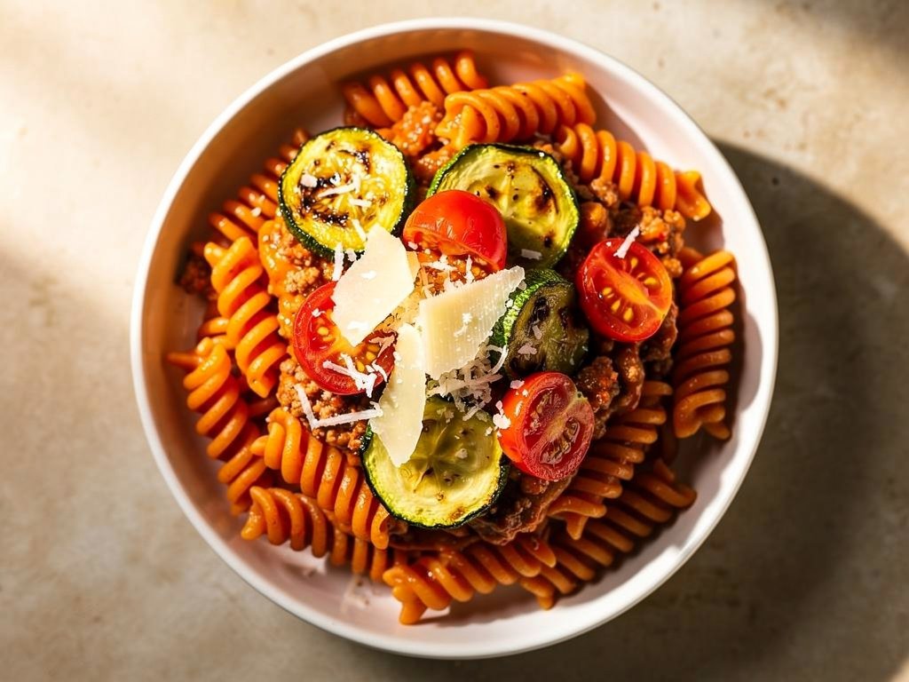 Creamy Pork Sausage Bolognese with Gluten-Free Fusilli and Roasted Vegetables