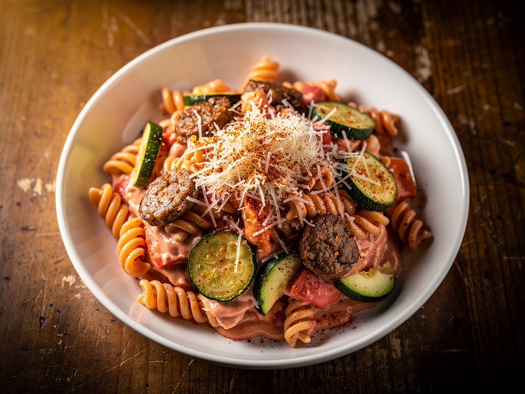 Creamy Pork Sausage Fusilli Rosa with Zucchini and Parmesan