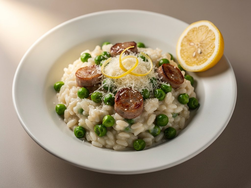 Creamy Pork Sausage and Pea Risotto with Lemon and Parmesan