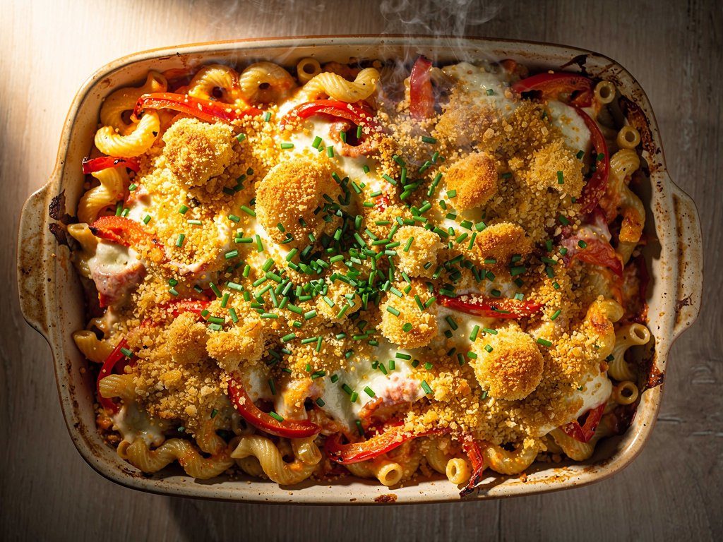Creamy Roasted Pepper and Mozzarella Pasta Bake with Crispy Panko