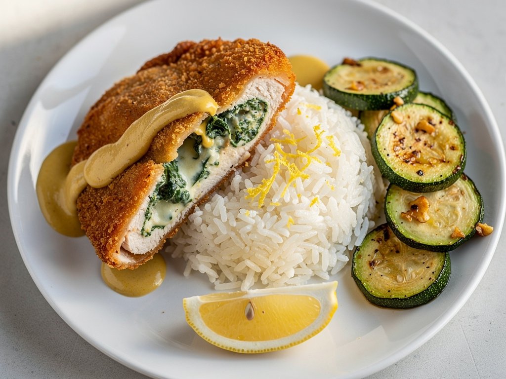 Creamy Spinach-Stuffed Chicken with Lemony Rice and Garlic Zucchini