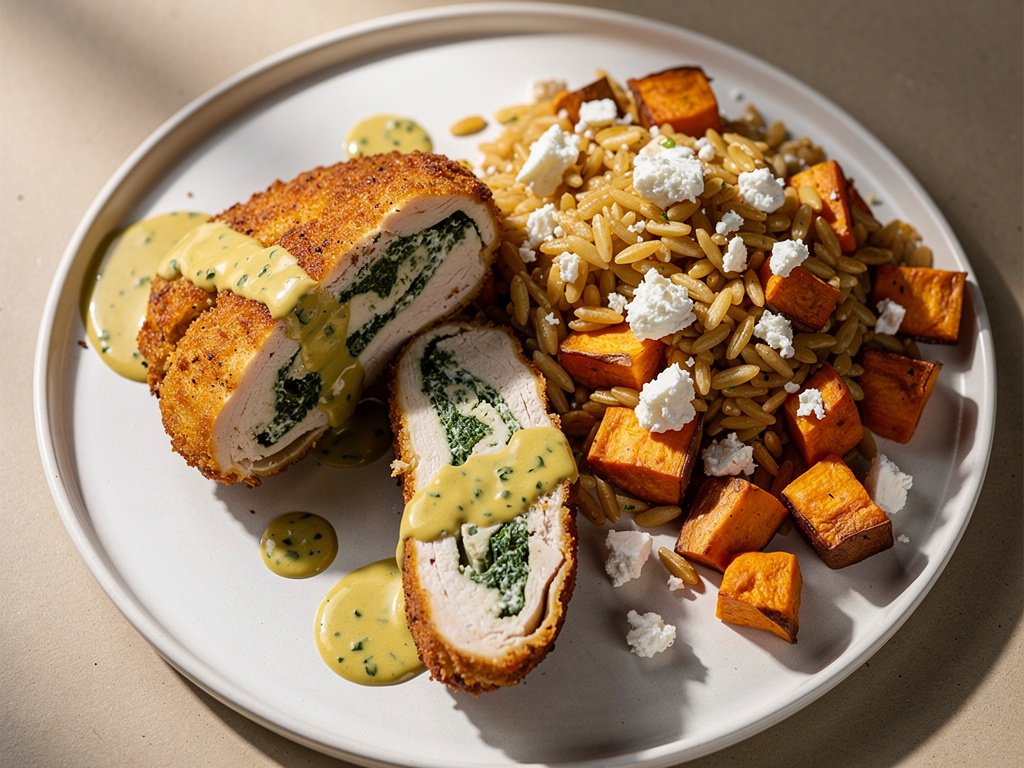 Creamy Spinach Stuffed Chicken with Warm Orzo Salad and Lemon-Dijon Sauce