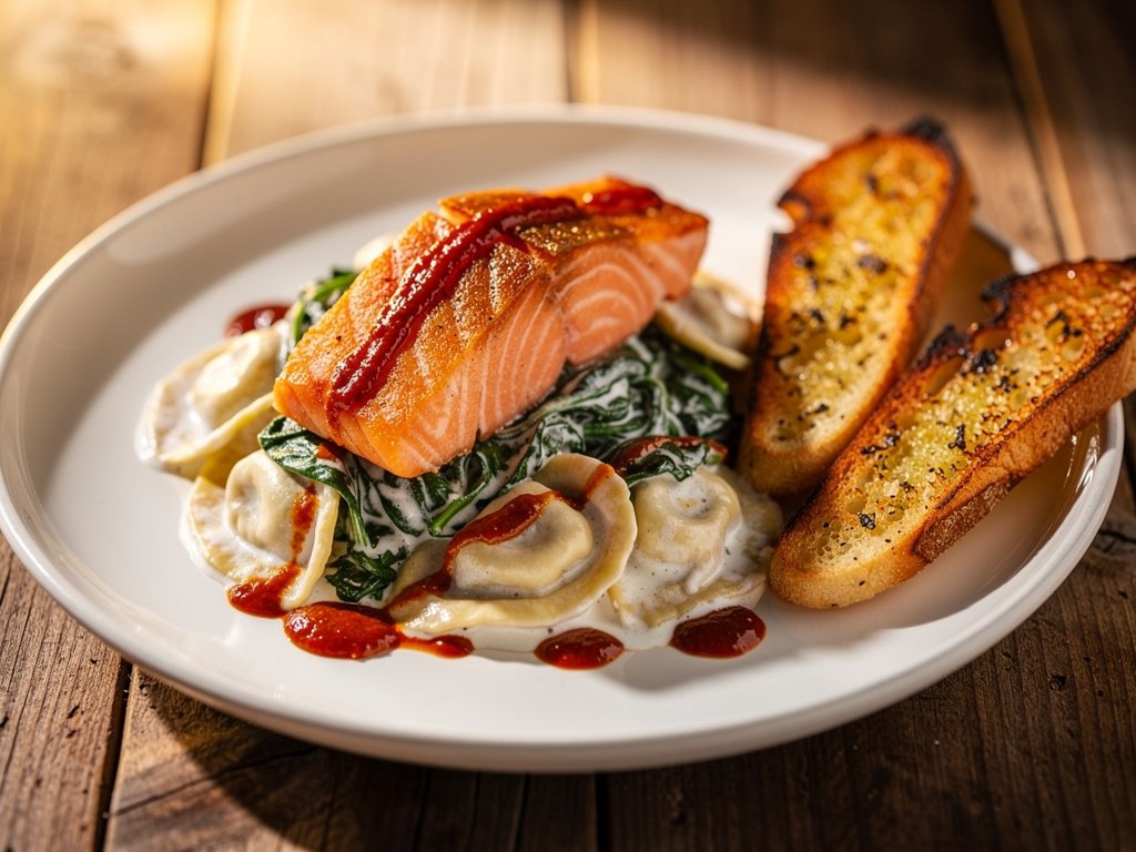 Creamy Sun-Dried Tomato Salmon with Tortelloni and Garlic Bread