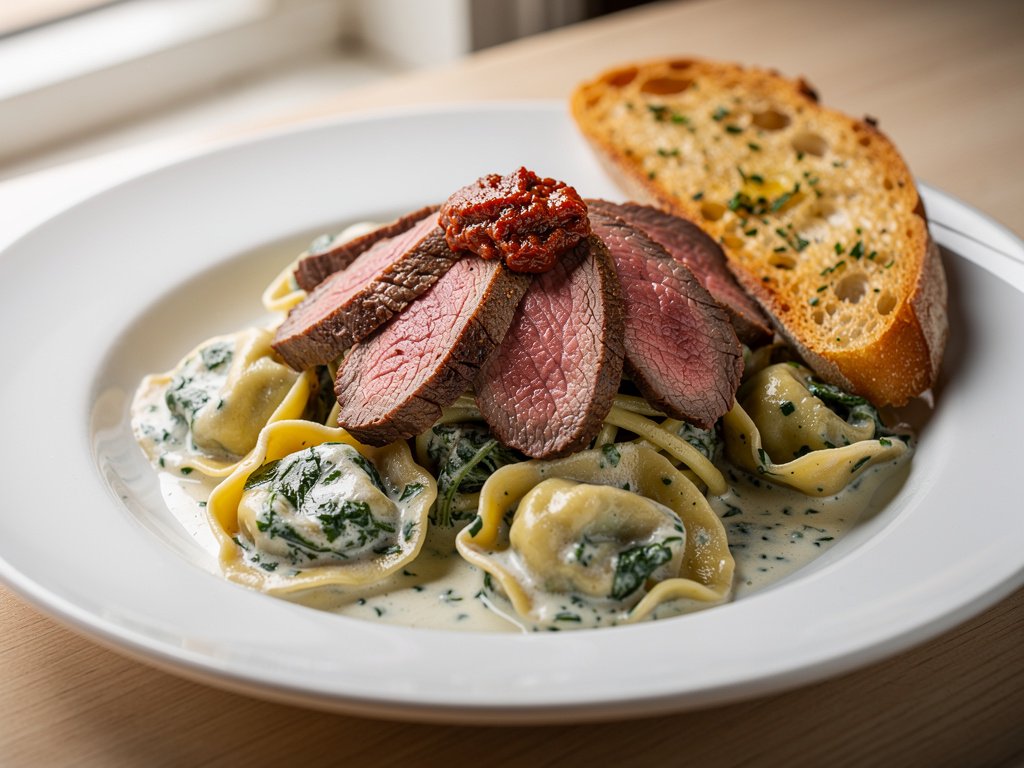 Creamy Sun-Dried Tomato Steak with Tortelloni and Garlic Bread