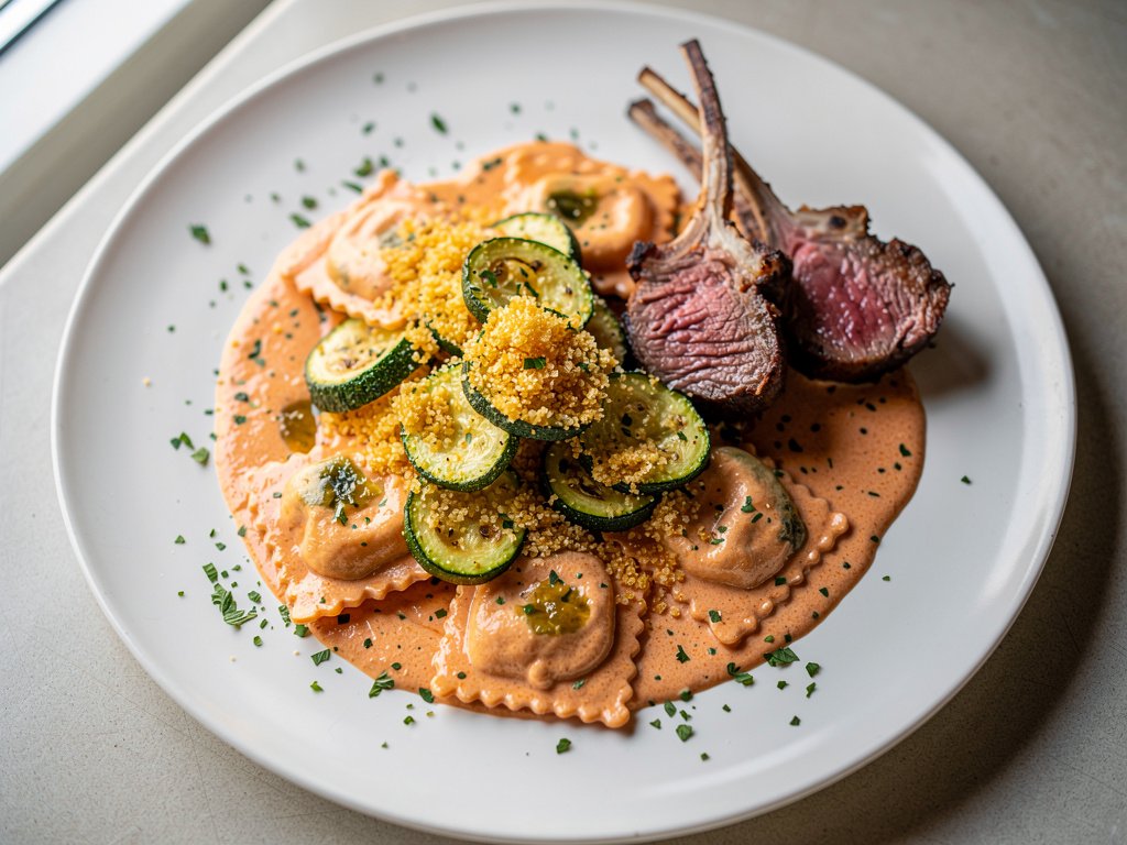 Creamy Tomato Ricotta Ravioli with Lamb Chops and Toasted Panko