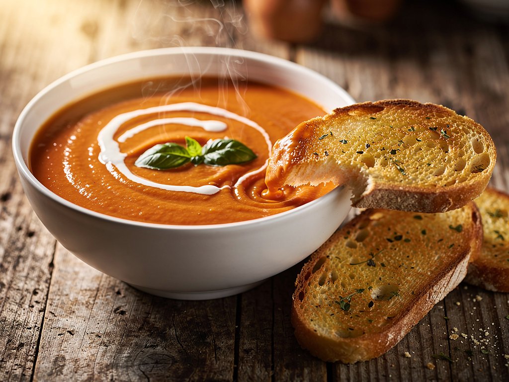 Rich and Creamy Tomato Soup with Crispy Garlic Bread