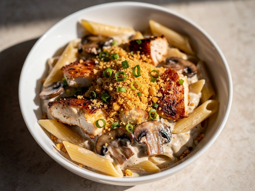 Creamy Truffle Chicken and Mushroom Penne with Garlic Panko