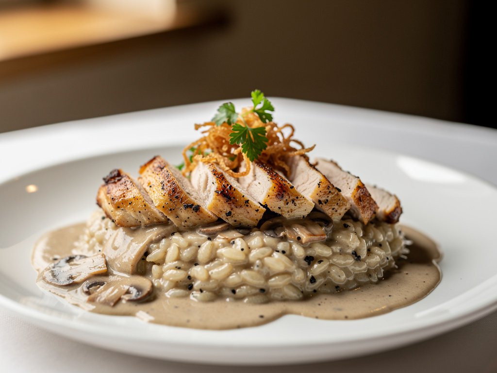 Creamy Truffle Risotto with Herbed Chicken and Mushroom Sauce