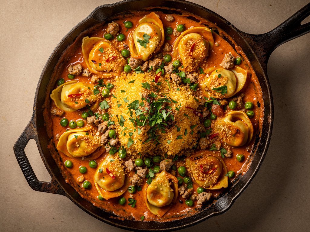 Creamy Turkey Tortelloni Bake with Crispy Parmesan Panko Topping
