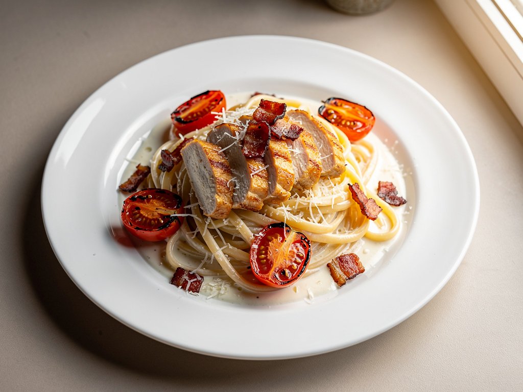 Creamy Tuscan Chicken and Bacon Linguine with Roasted Tomatoes