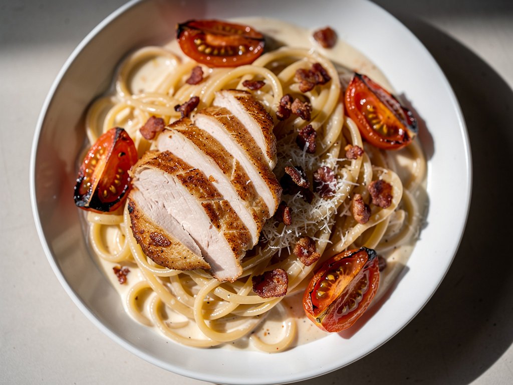 Creamy Tuscan Chicken Linguine with Roasted Tomatoes and Bacon