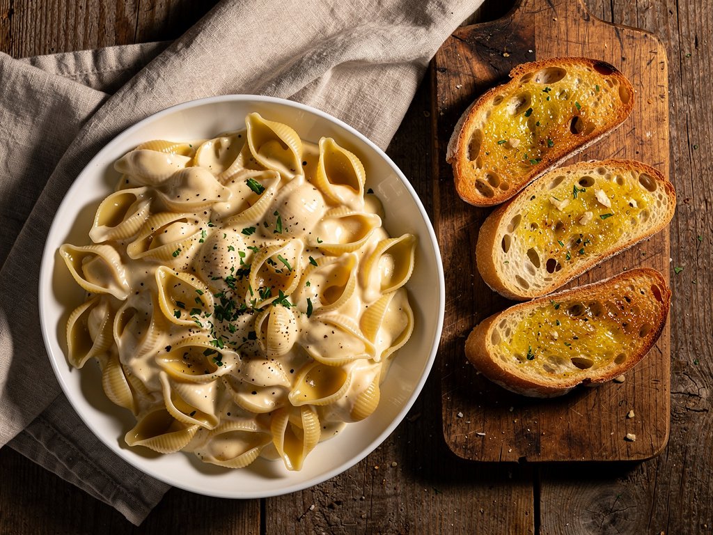 Creamy White Cheddar Shells and Cheese with Homestyle Garlic Bread