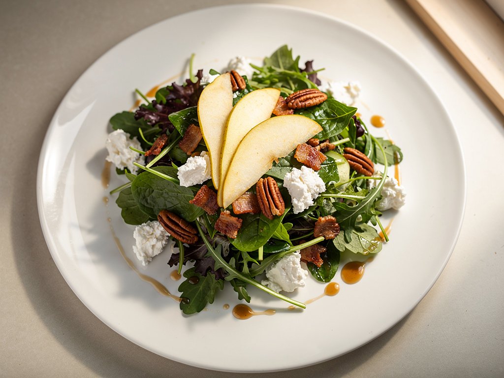 Crispy Bacon Chicken Salad with Goat Cheese, Pear, and Fig-Dijon Vinaigrette