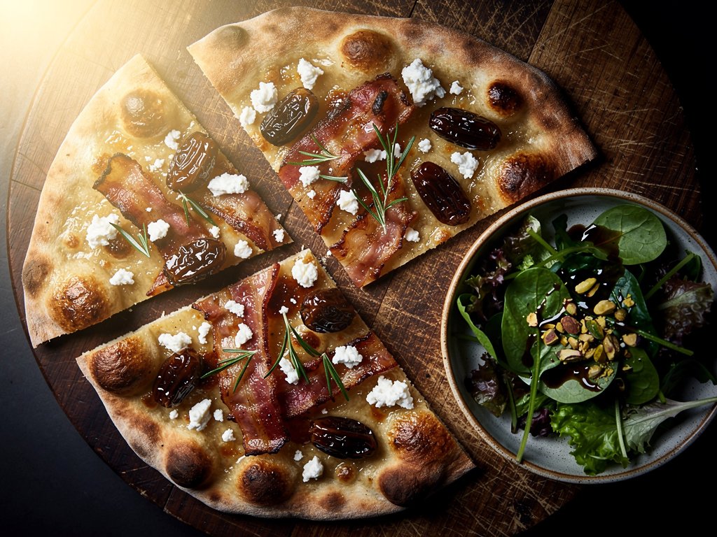 Crispy Bacon and Date Flatbreads with Garlic Ricotta and Balsamic Salad