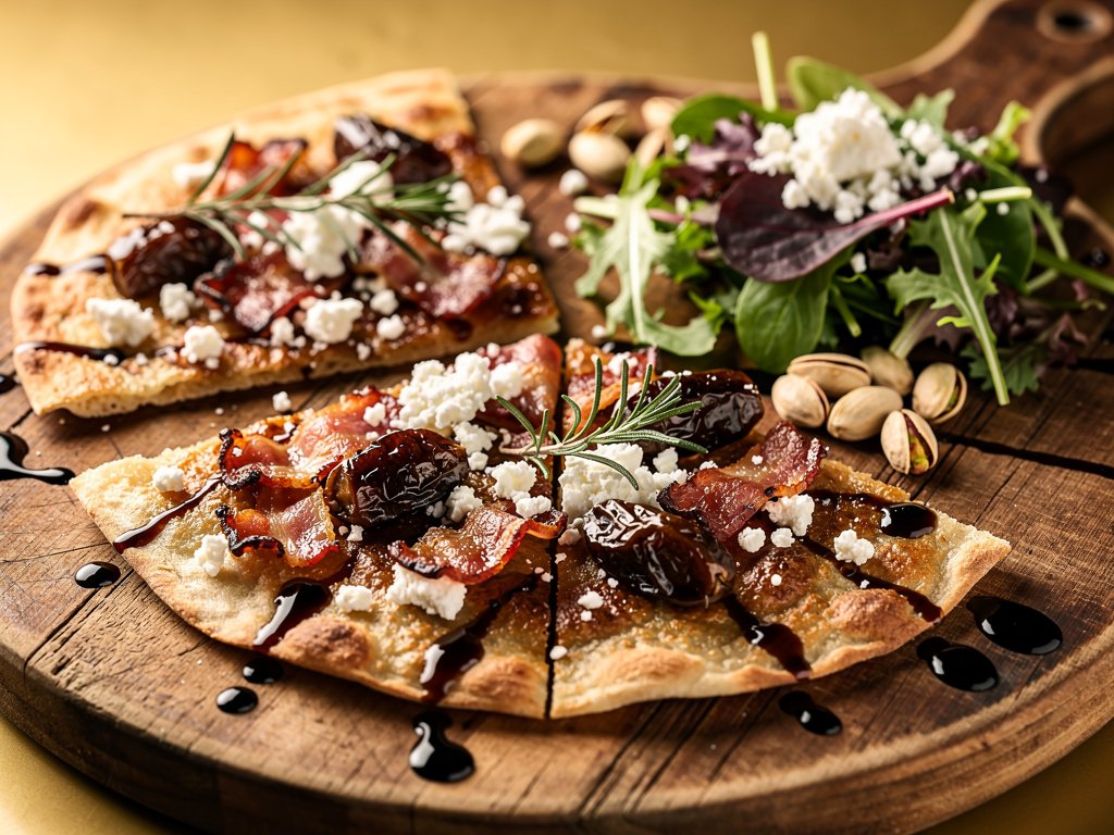 Crispy Bacon and Date Flatbreads with Garlic Ricotta and Balsamic Salad