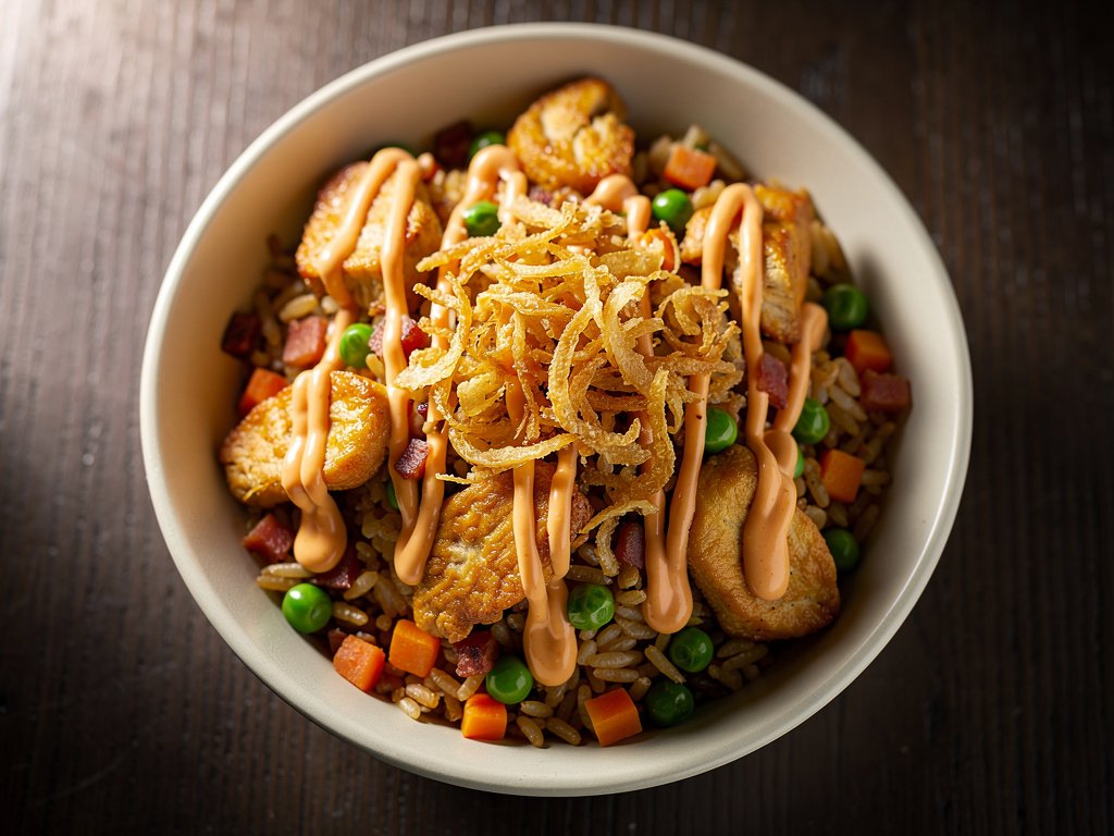 Crispy Bacon Fried Rice with Honey Soy-Ginger Chicken and Spicy Mayo