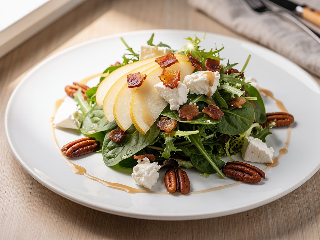 Crispy Bacon and Goat Cheese Salad with Pear, Pecans, and Fig-Dijon Vinaigrette