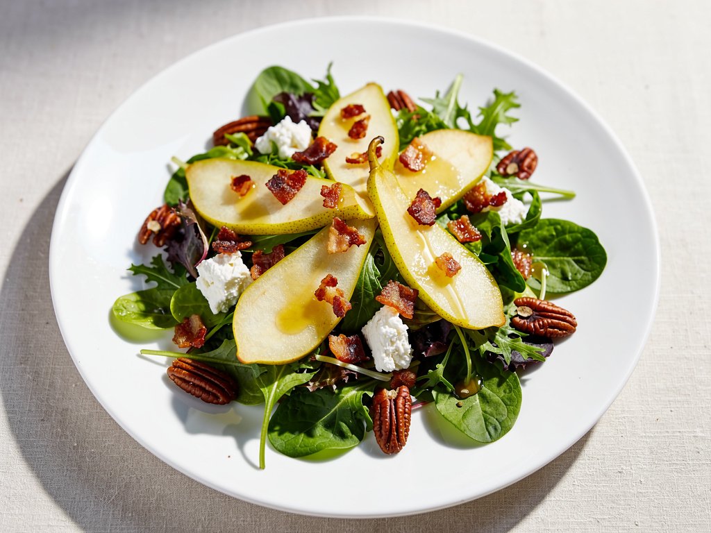 Crispy Bacon and Goat Cheese Salad with Pear, Pecans, and Fig-Dijon Vinaigrette