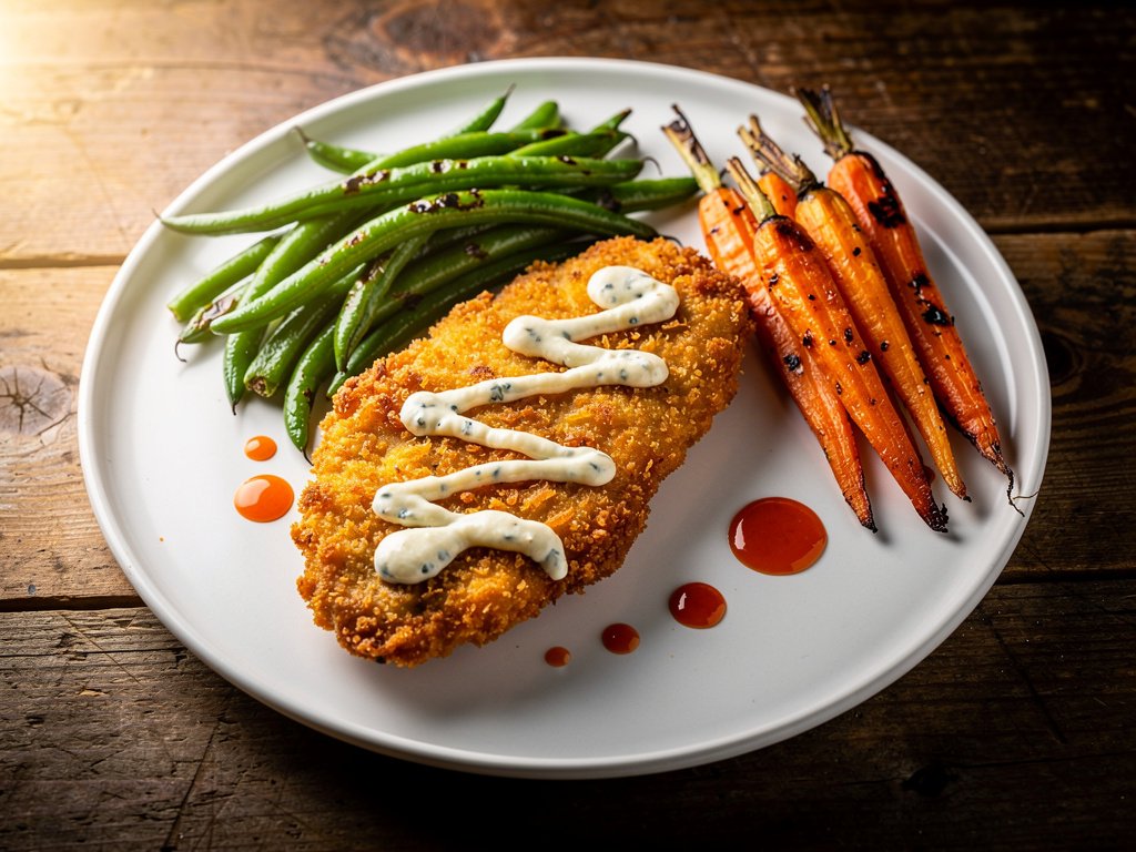 Crispy Buffalo Chicken with Blue Cheese Sauce and Roasted Vegetables