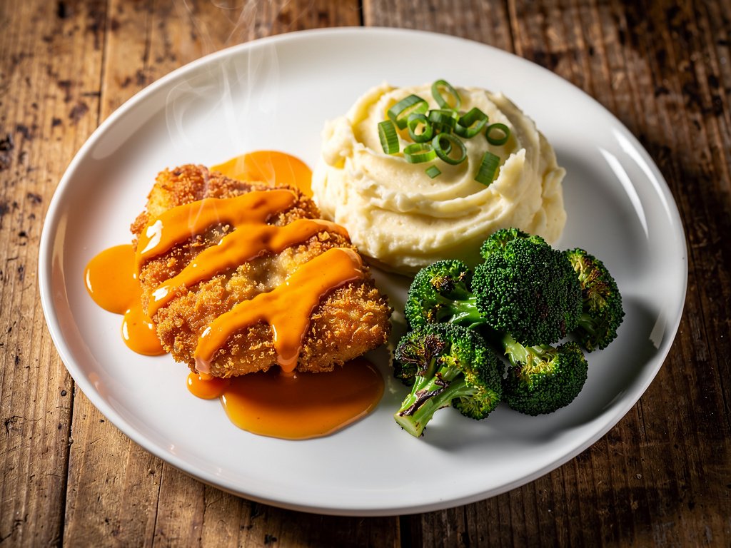Crispy Buffalo Chicken Cutlets with Mashed Potatoes and Roasted Broccoli