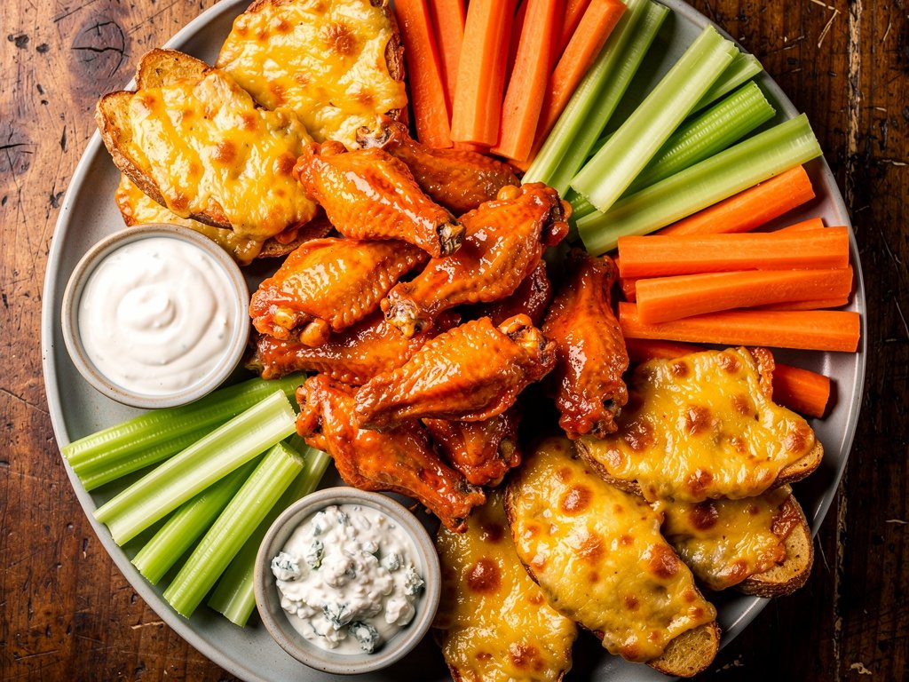Crispy Buffalo Chicken Wings with Cheesy Potato Wedges and Veggie Sticks