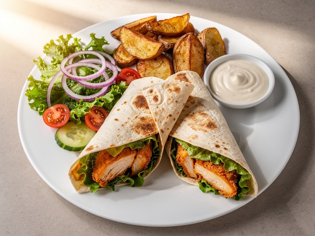 Crispy Buffalo Chicken Wraps with Ranch and Roasted Potato Wedges