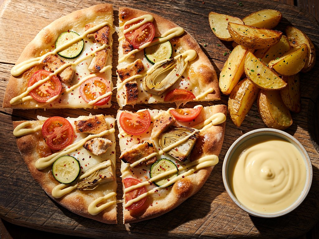Crispy Chicken and Artichoke Flatbreads with Lemon Aioli and Roasted Potato Wedges