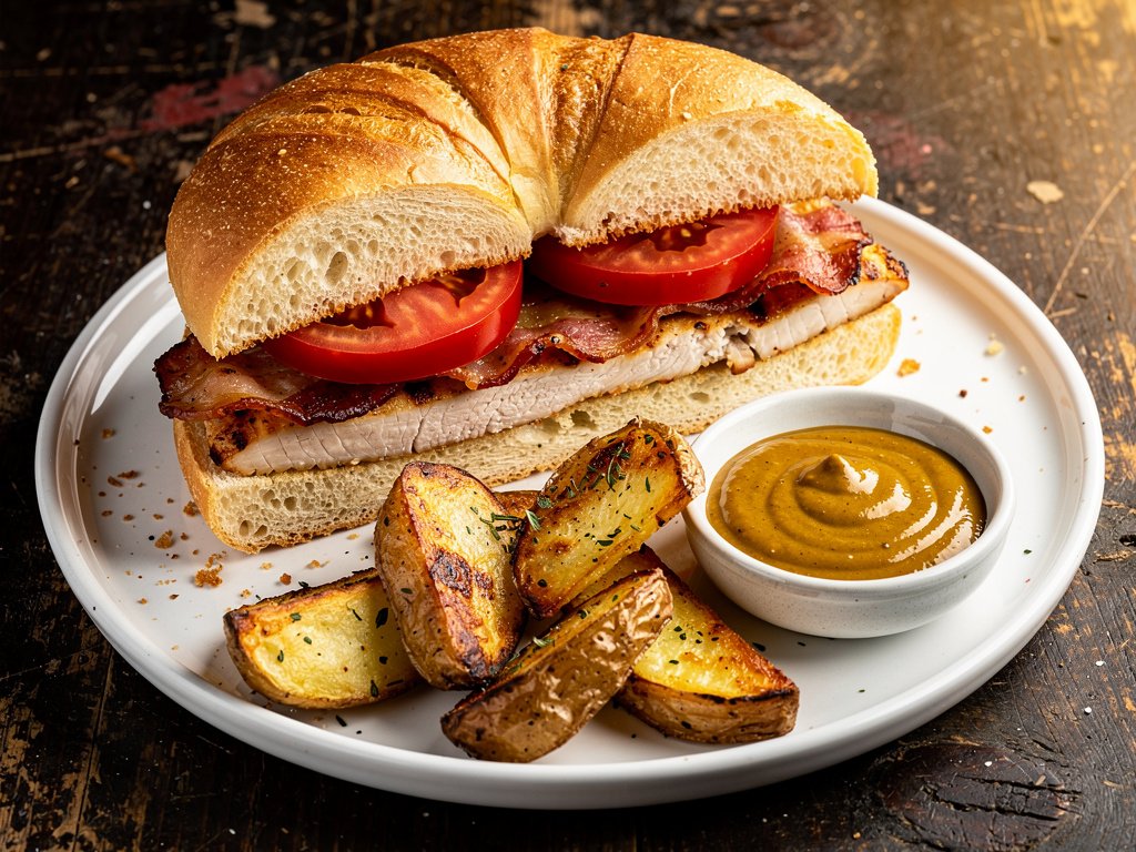 Crispy Chicken and Bacon Garlic Bread Sandwich with Roasted Potato Wedges