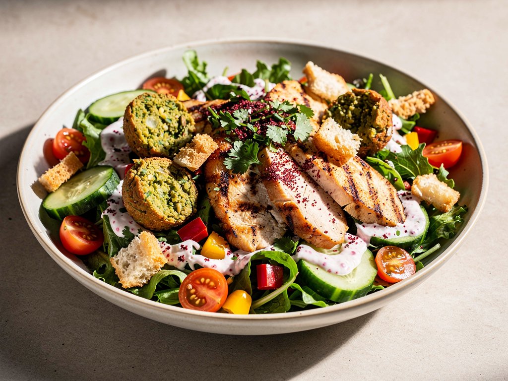 Crispy Chicken and Falafel Salad with Sumac Yogurt Dressing