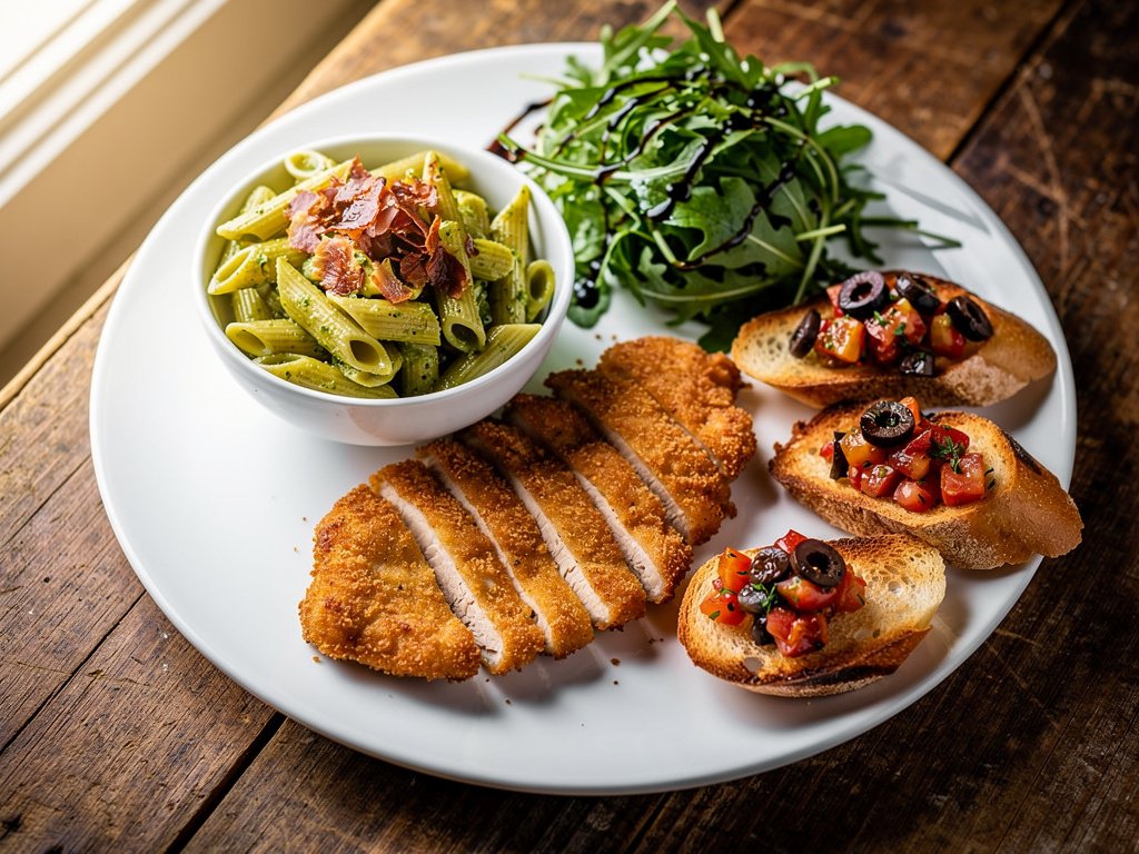 Crispy Chicken Milanese with Creamy Pesto Penne and Balsamic Arugula Salad
