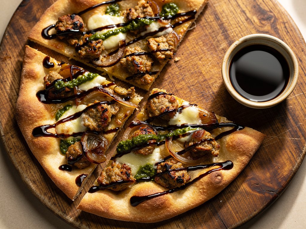 Crispy Chicken Sausage Flatbreads with Pesto and Balsamic Glaze