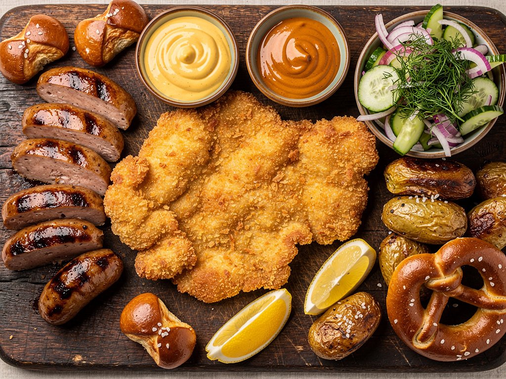 Crispy Chicken Schnitzel with Bratwurst and Pretzel Bites