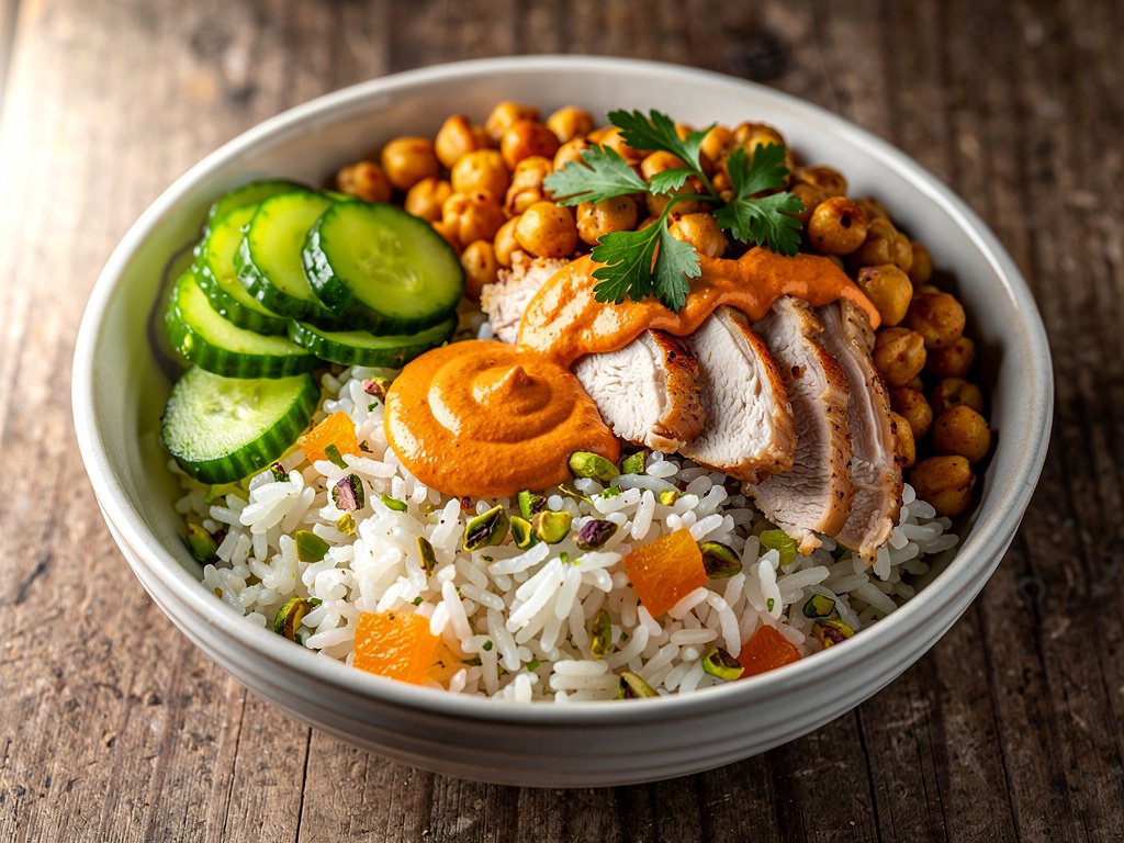 Crispy Chickpea and Chicken Bowl with Pistachio Rice and Harissa Aioli