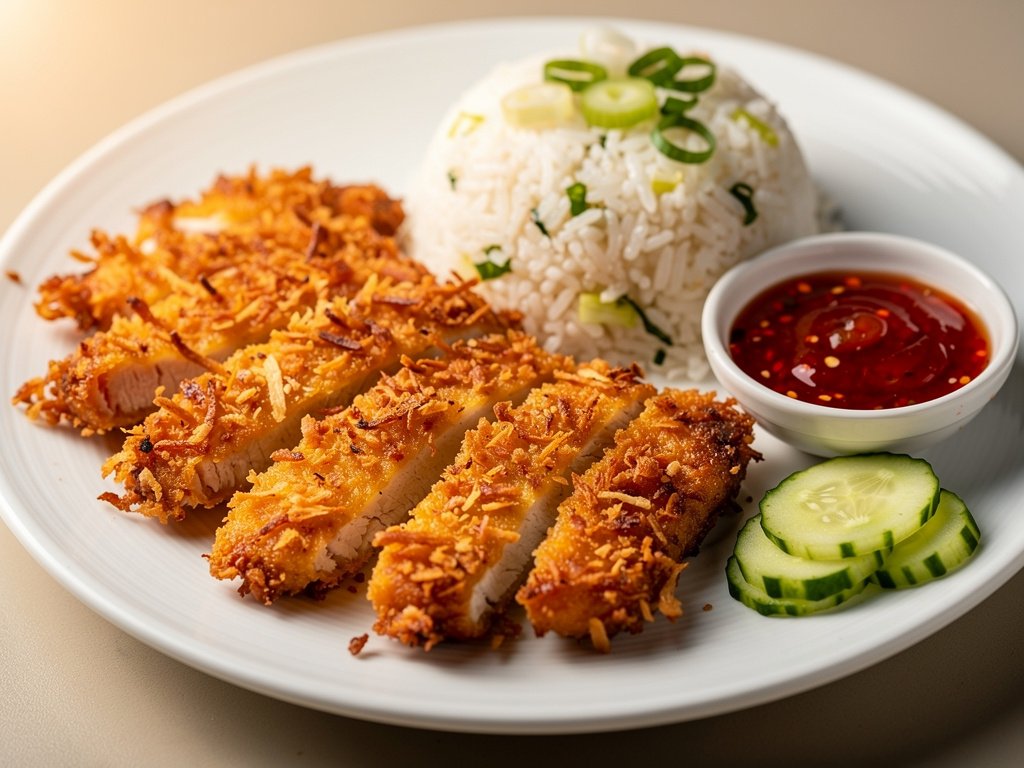 Crispy Coconut Chicken Strips with Scallion Rice and Quick Pickles