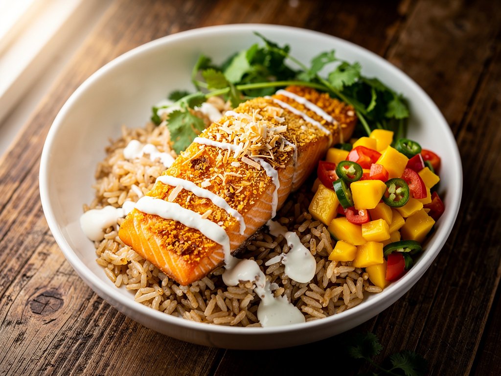 Crispy Coconut Salmon Bowls with Mango Salsa and Lime Crema