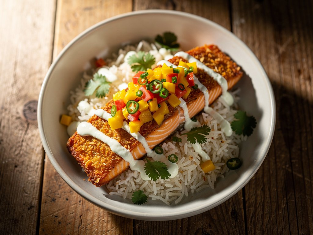 Crispy Coconut Salmon Bowls with Mango Salsa and Lime Crema