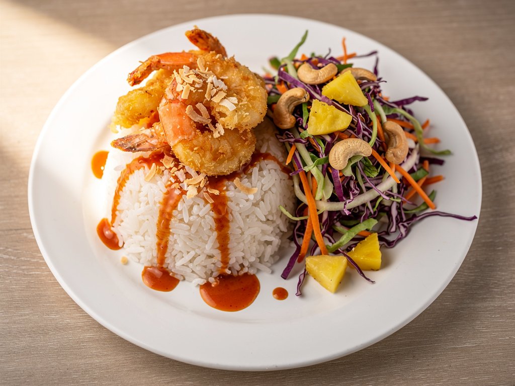 Crispy Coconut Tempura Shrimp with Lime Rice and Tropical Slaw