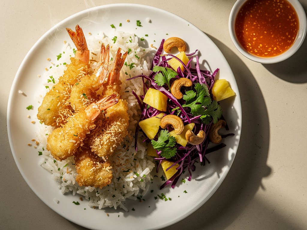 Crispy Coconut Tempura Shrimp with Lime Rice and Tropical Slaw