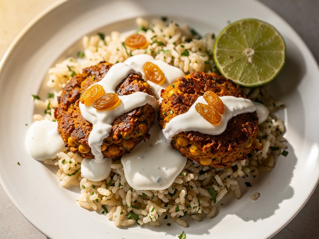 Crispy Curried Chickpea Fritters with Spinach Rice Pilaf and Pickled Raisins