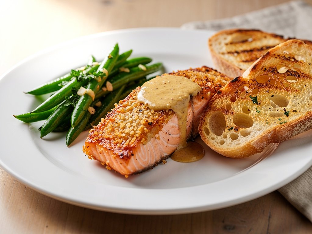 Crispy Dijon Salmon with Green Beans and Garlic Bread