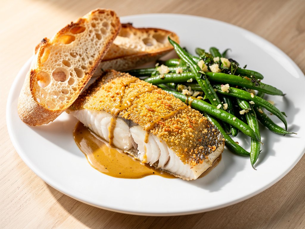 Crispy Dijon Sea Bass with Garlic Herb Green Beans and Toasted Ciabatta