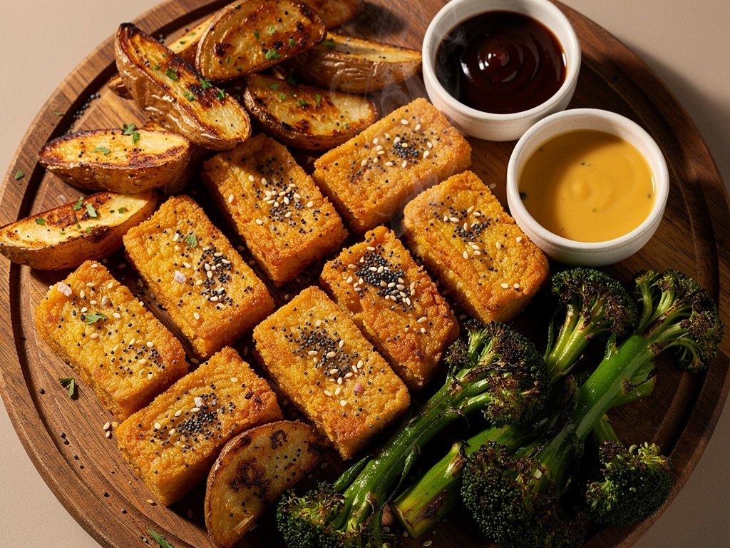 Crispy Everything Bagel Tofu Tenders with Roasted Veggies and Dipping Sauces