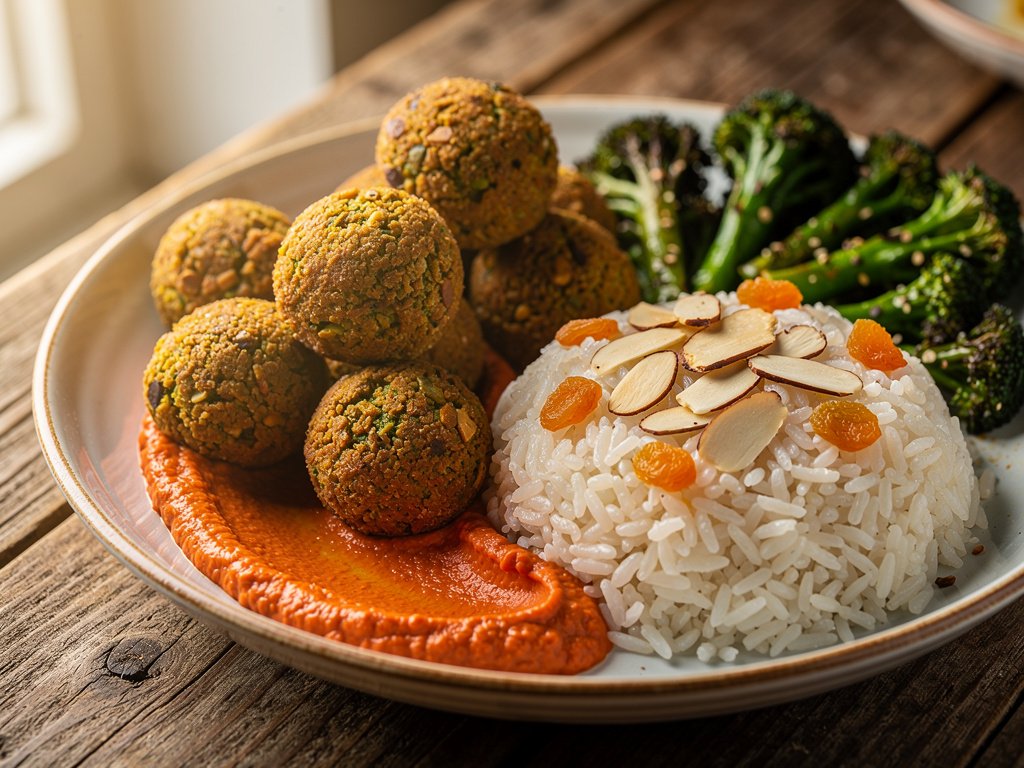 Golden Crispy Falafel Bowls with Apricot Almond Rice and Romesco Sauce
