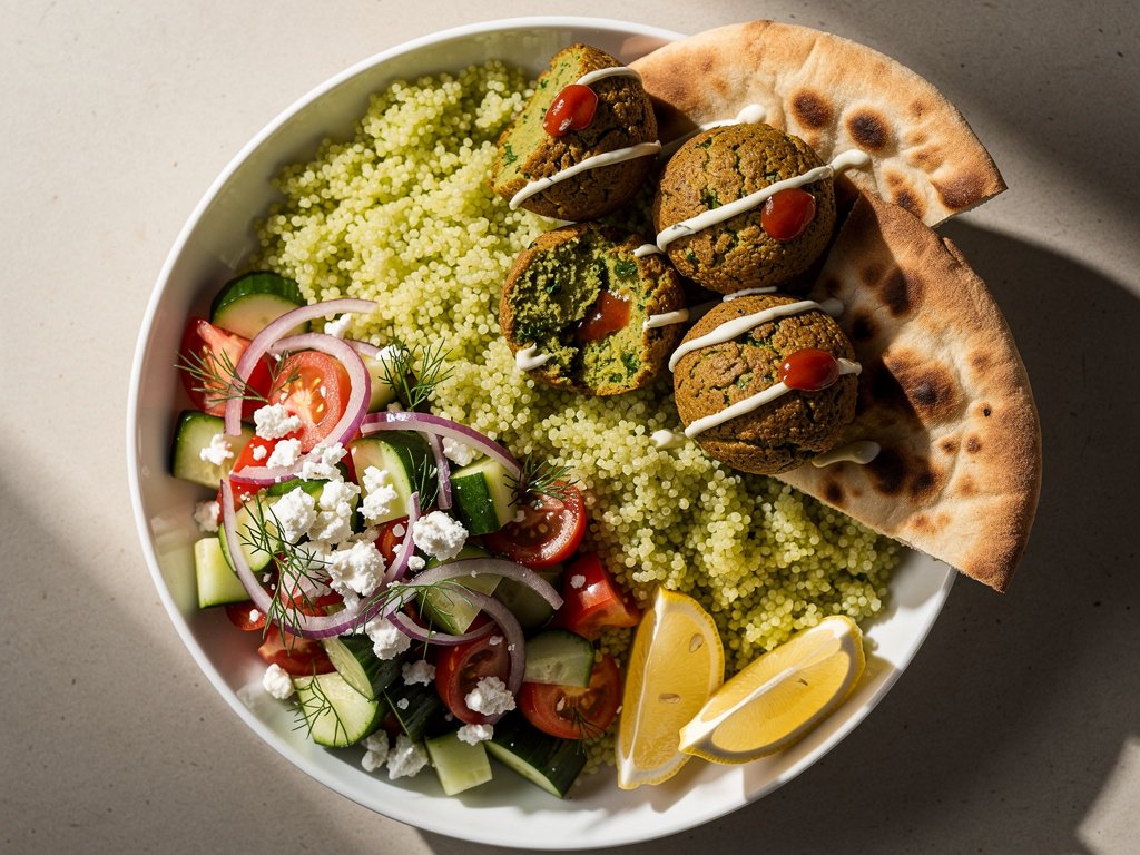Crispy Falafel Bowls with Pistachio Couscous and Cucumber Dill Salad