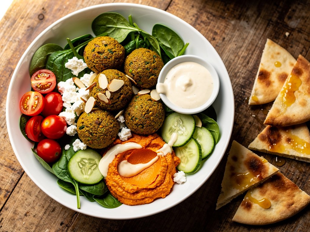 Crispy Falafel Power Bowls with Creamy Garlic Sauce and Toasted Pita