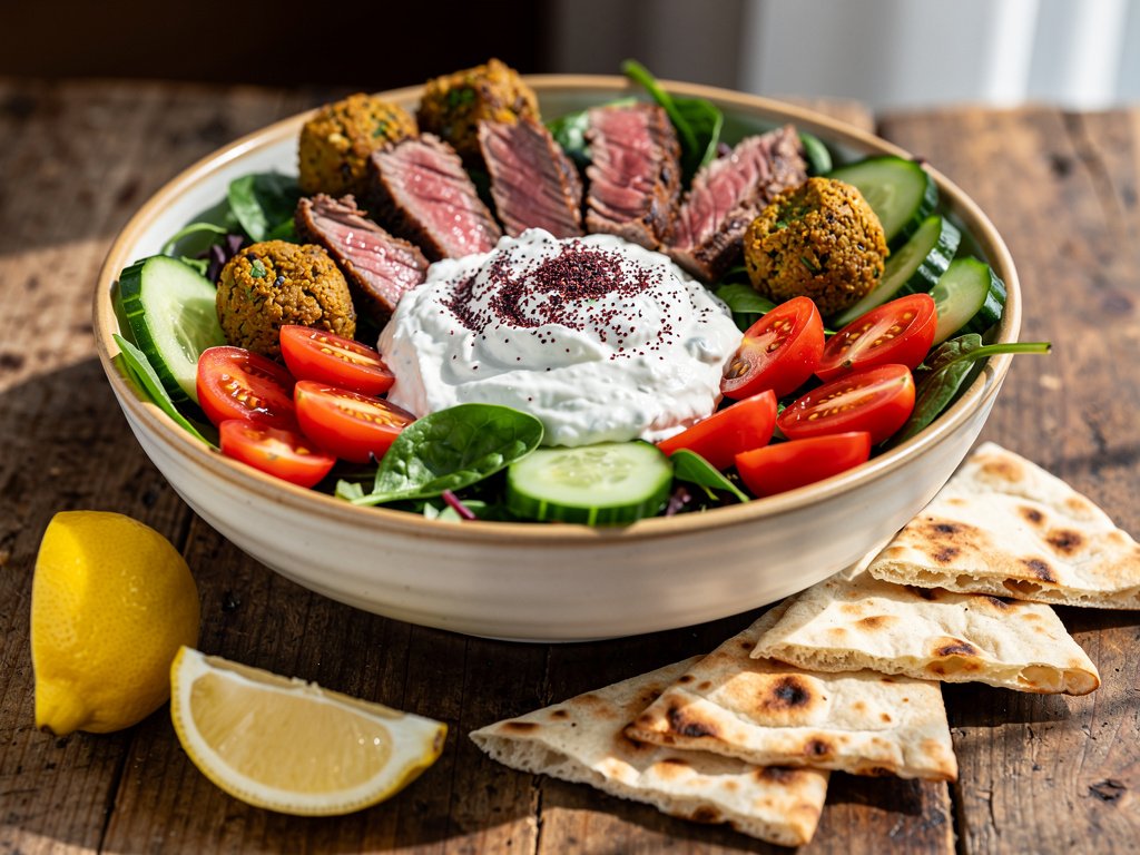 Crispy Falafel and Steak Bowls with Tzatziki and Sumac Salad